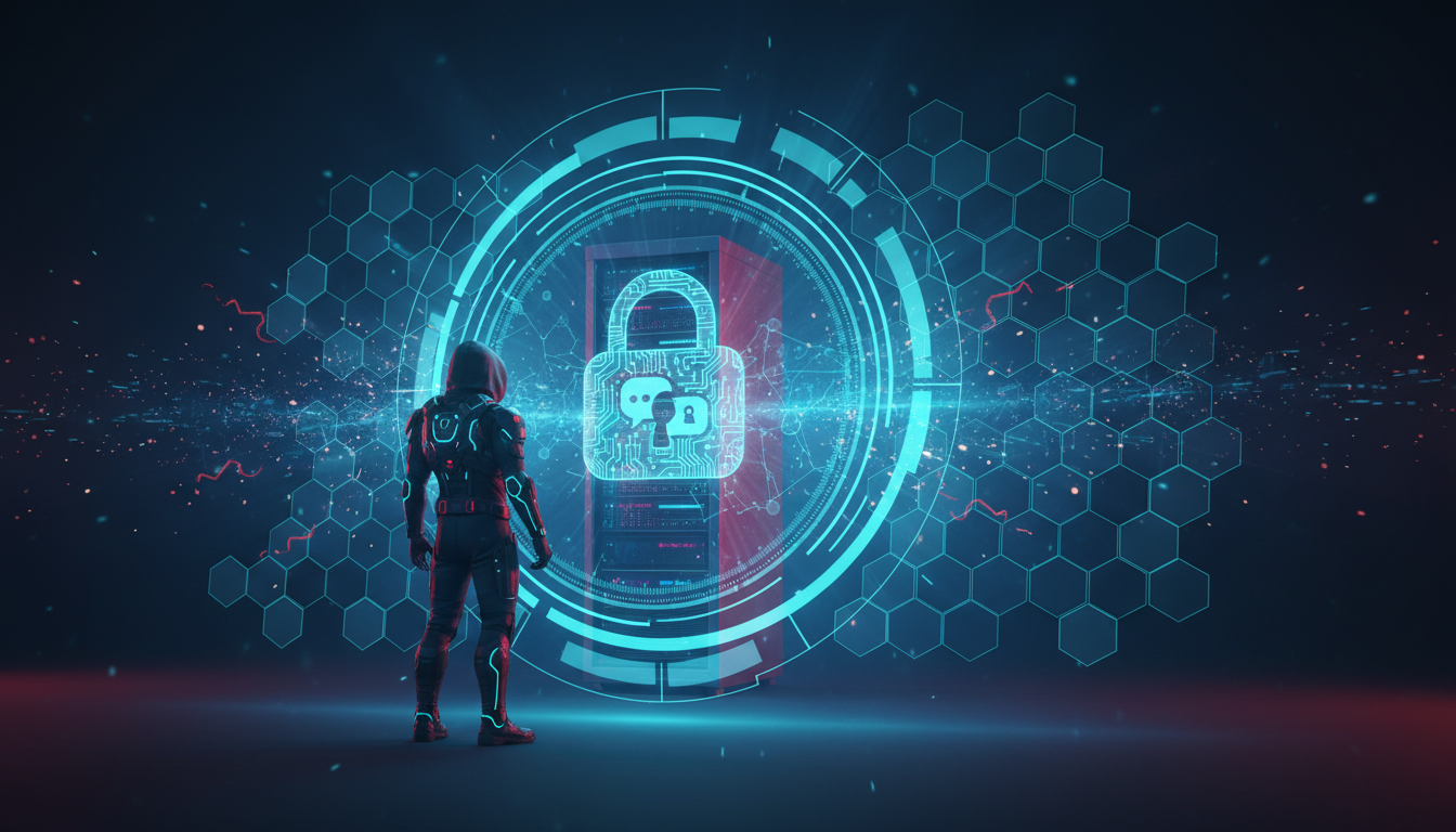 Enterprise security stack: slot met chat-icoon achter een HUD-ring en hexagonaal schild